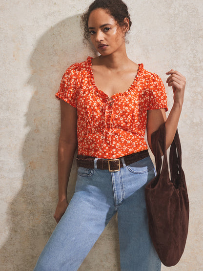 Red Ditsy-Print Puff-Sleeve Blouse