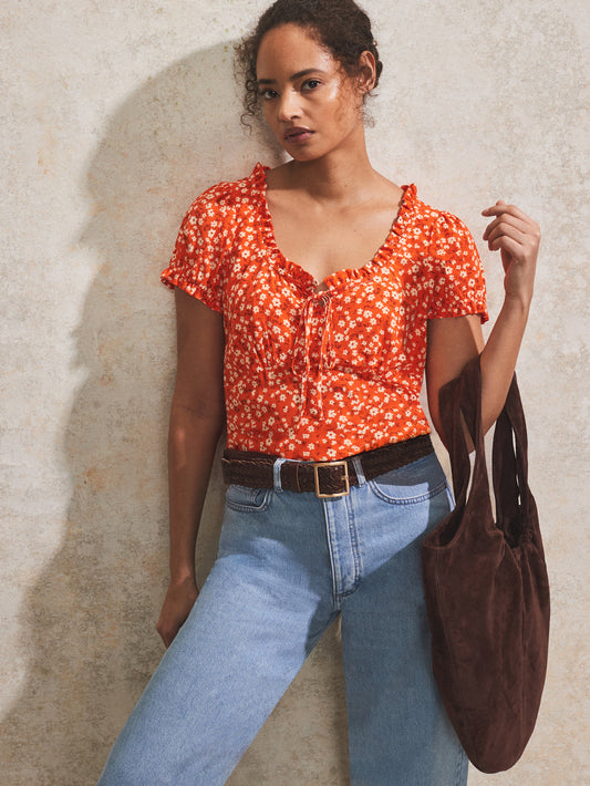 Red Ditsy-Print Puff-Sleeve Blouse