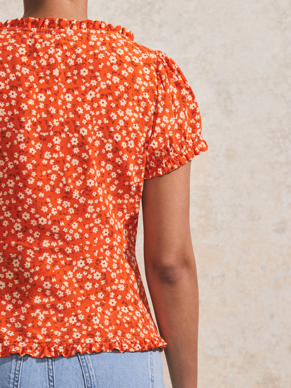 Red Ditsy-Print Puff-Sleeve Blouse