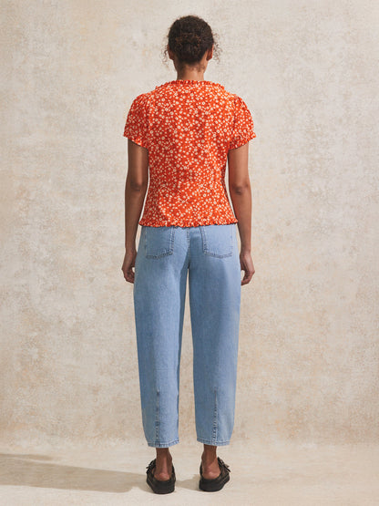 Red Ditsy-Print Puff-Sleeve Blouse