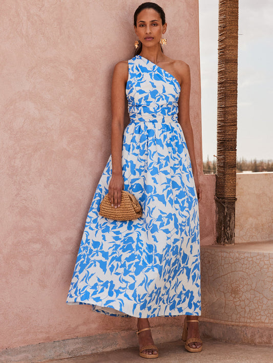 Aubrey Blue Leaf-Print One Shoulder Dress