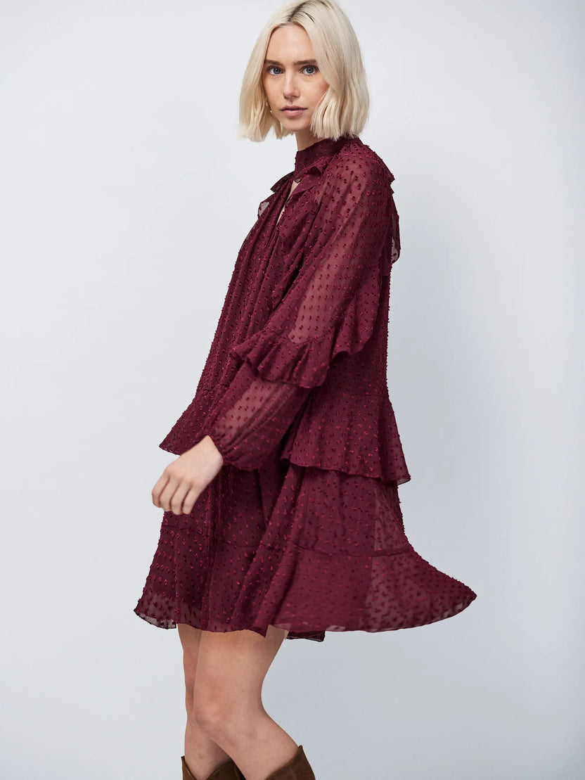 Burgundy Dobby Ruffle Short Dress