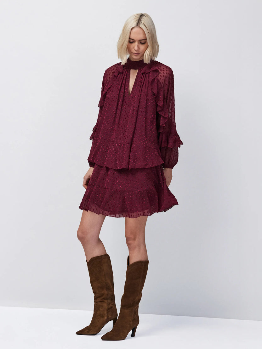 Burgundy Dobby Ruffle Short Dress