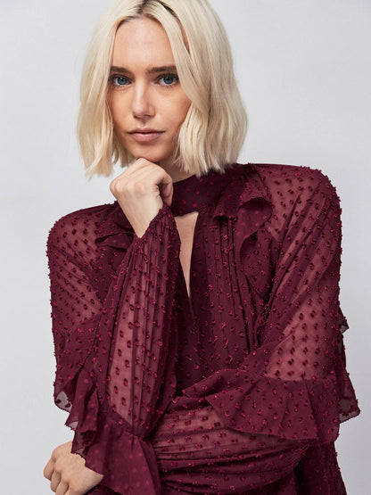 Burgundy Dobby Ruffle Short Dress