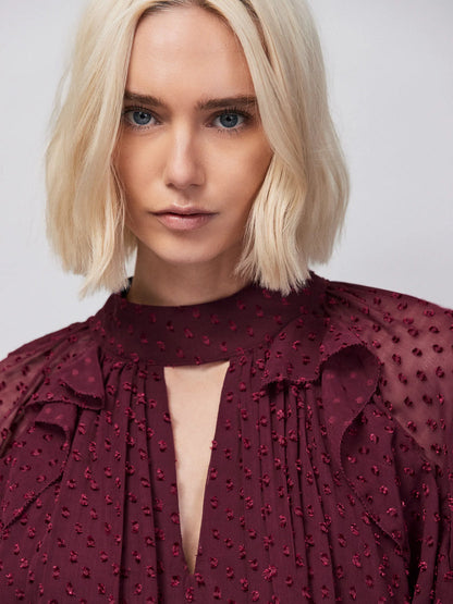 Burgundy Dobby Ruffle Short Dress