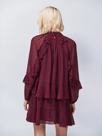 Burgundy Dobby Ruffle Short Dress
