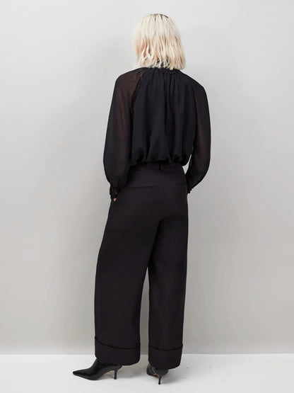 Black Lace Trim Bubble Hem Blouse