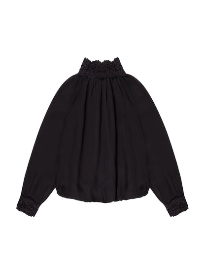 Black Lace Trim Bubble Hem Blouse
