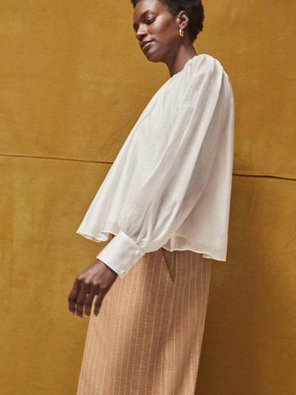 White Gathered Button-Cuff Blouse