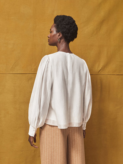 White Gathered Button-Cuff Blouse