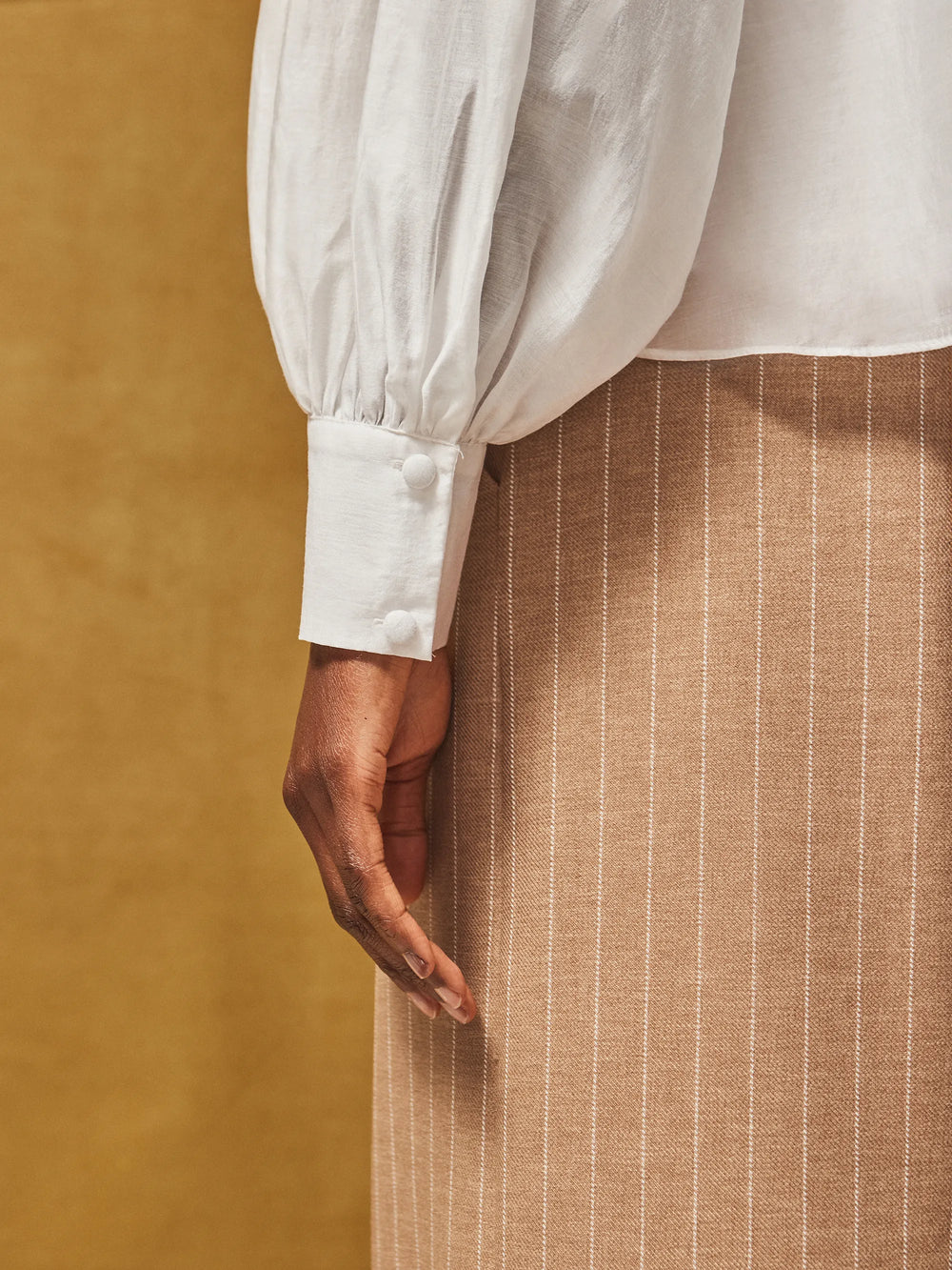 White Gathered Button-Cuff Blouse