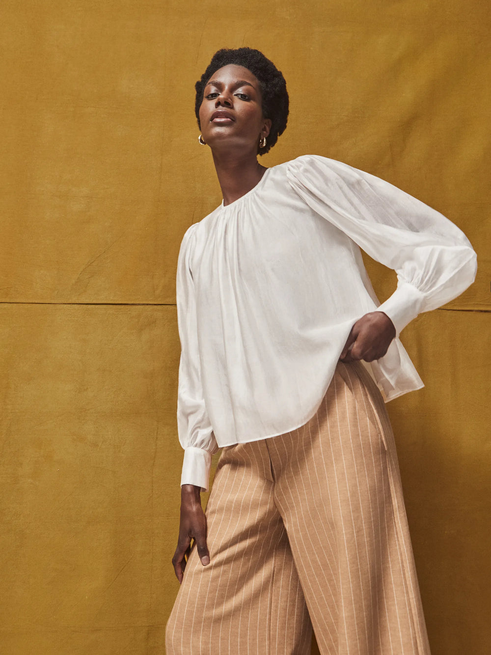 White Gathered Button-Cuff Blouse