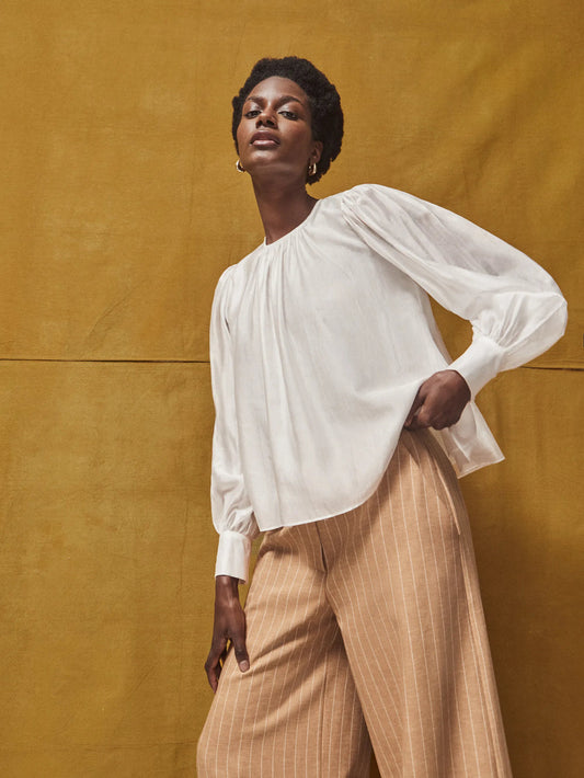 White Gathered Button-Cuff Blouse