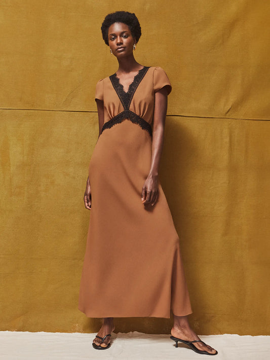 Caramel Lace Trim Dress