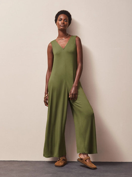 Olive Jersey V Neck Jumpsuit