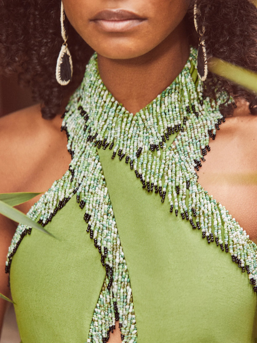 Green Halter Bead Fringe Linen Blend
