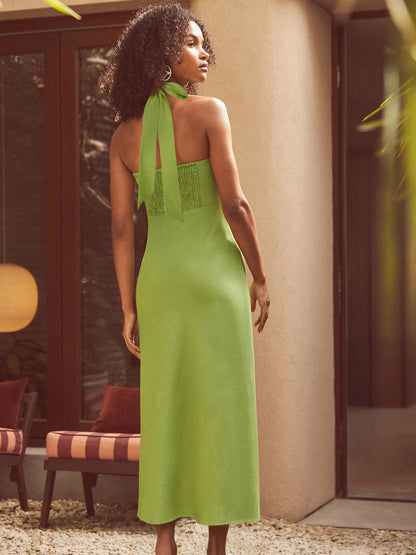 Green Halter Bead Fringe Linen Blend