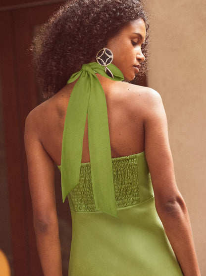 Green Halter Bead Fringe Linen Blend
