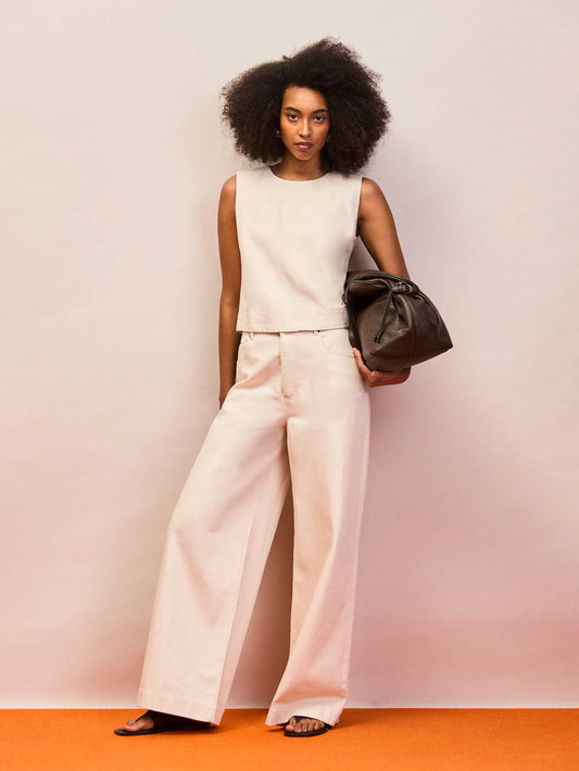 Ecru Cotton Twill Wide Leg Jeans