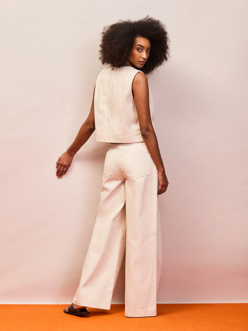 Ecru Cotton Twill Wide Leg Jeans
