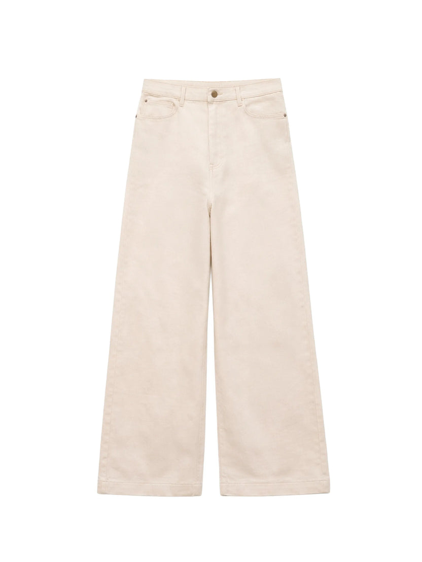 Ecru Cotton Twill Wide Leg Jeans