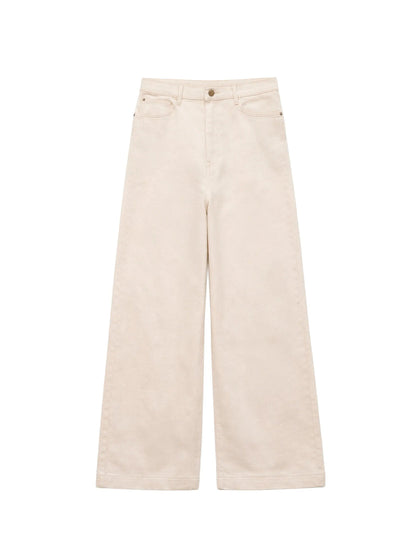 Ecru Cotton Twill Wide Leg Jeans