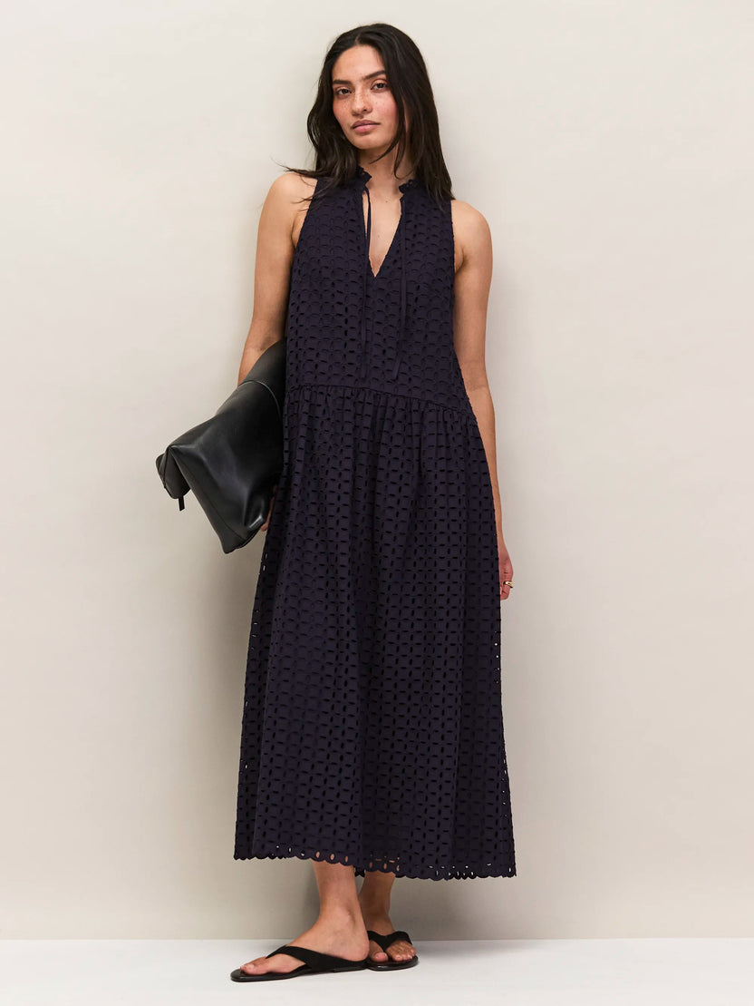 Navy Broderie Anglaise Cotton V-Neck Midi Dress