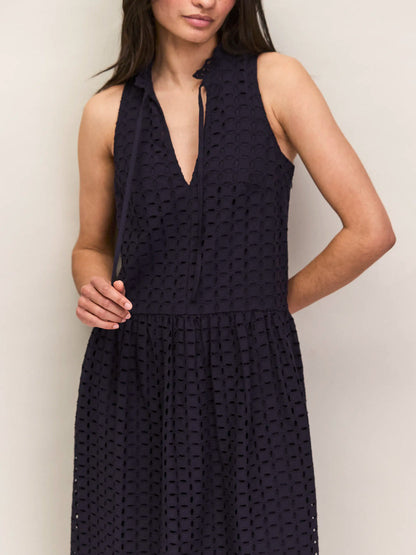 Navy Broderie Anglaise Cotton V-Neck Midi Dress