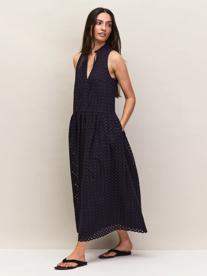 Navy Broderie Anglaise Cotton V-Neck Midi Dress