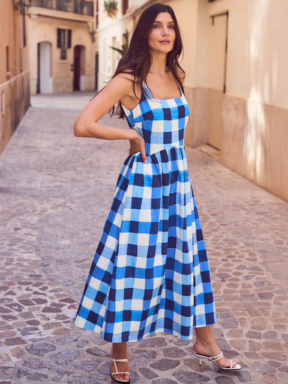 Raya Blue Check Square Neck Dress