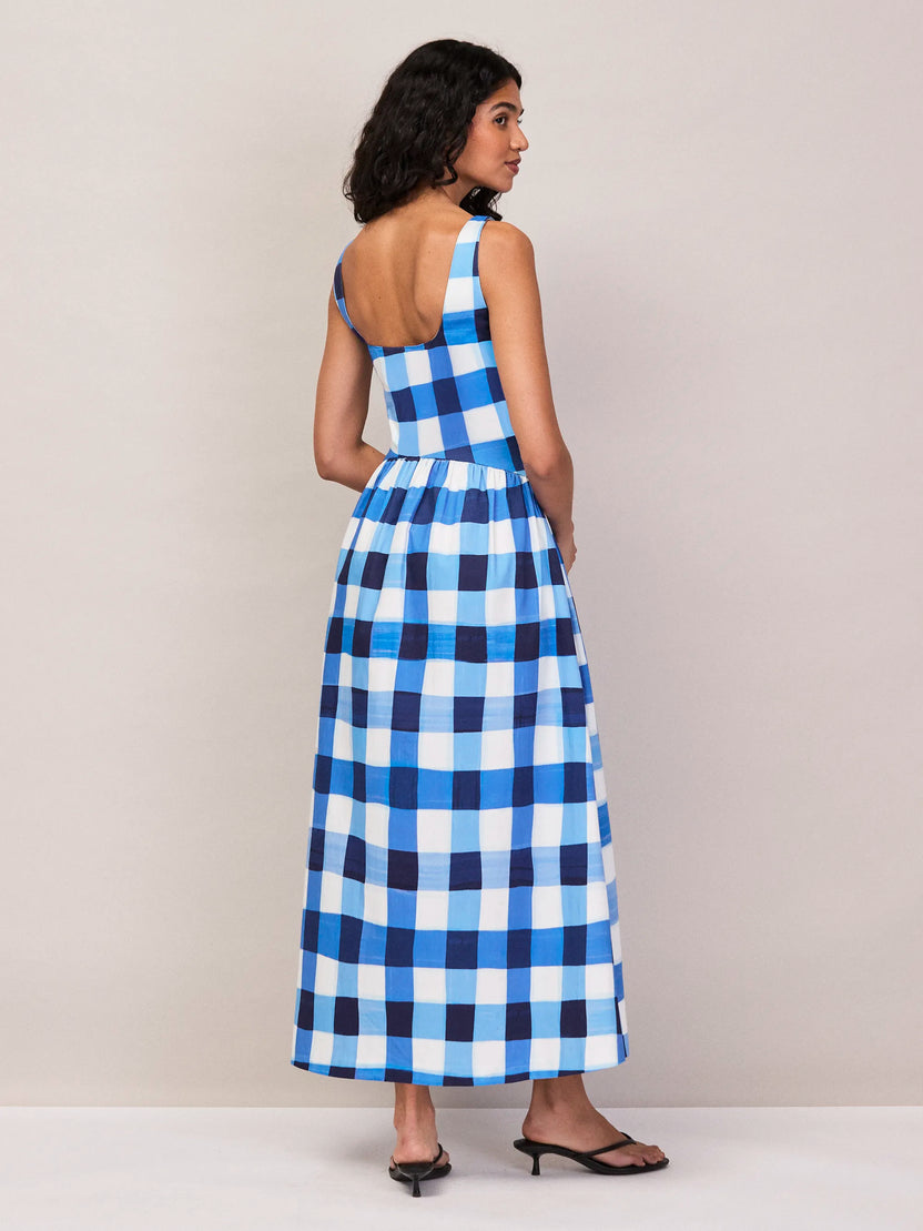Raya Blue Check Square Neck Dress