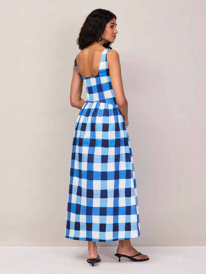 Raya Blue Check Square Neck Dress