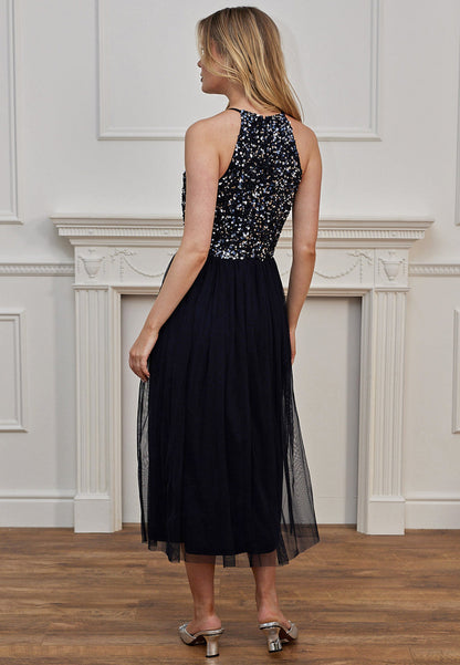 Embellished Halter Midi Neck Dress Navy