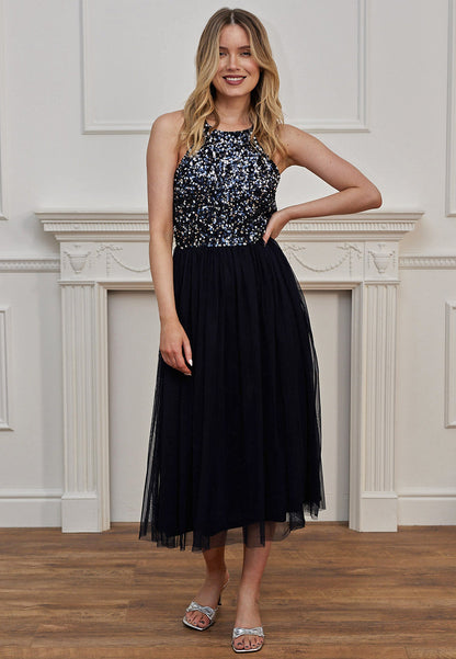 Embellished Halter Midi Neck Dress Navy