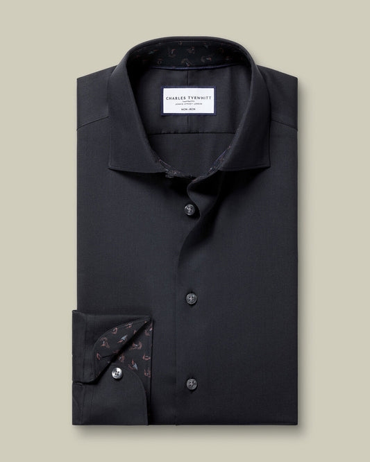 Non-Iron Stretch Printed Trim Slim Fit Shirt - Charcoal