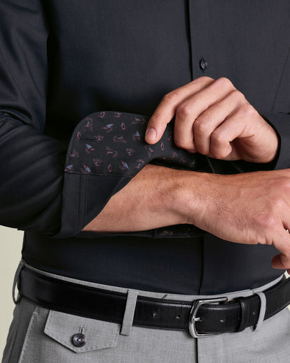 Non-Iron Stretch Printed Trim Slim Fit Shirt - Charcoal