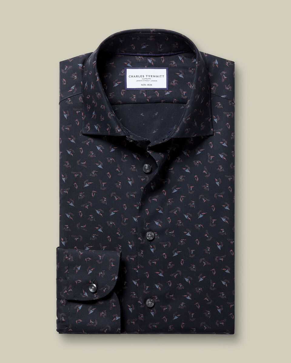 Non Iron Stretch Bird Print Slim Fit Shirt - Charcoal