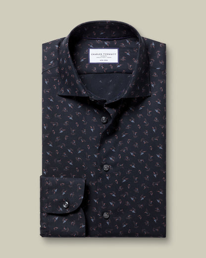 Non Iron Stretch Bird Print Slim Fit Shirt - Charcoal