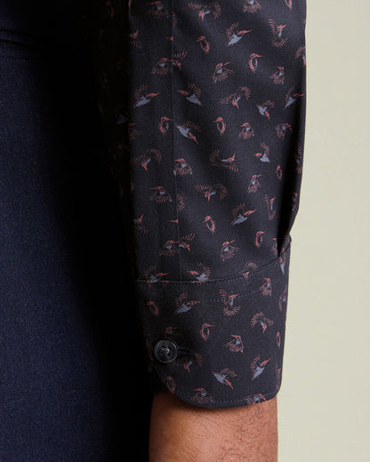 Non Iron Stretch Bird Print Slim Fit Shirt - Charcoal