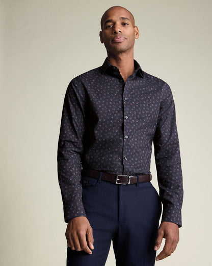 Non Iron Stretch Bird Print Slim Fit Shirt - Charcoal