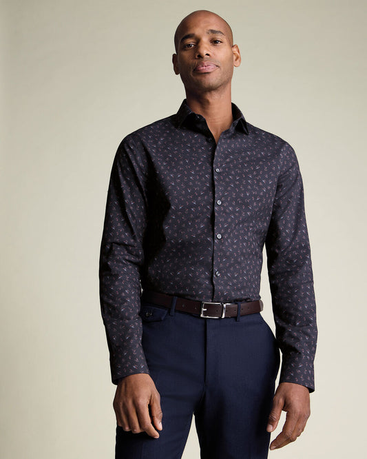 Non Iron Stretch Bird Print Slim Fit Shirt - Charcoal