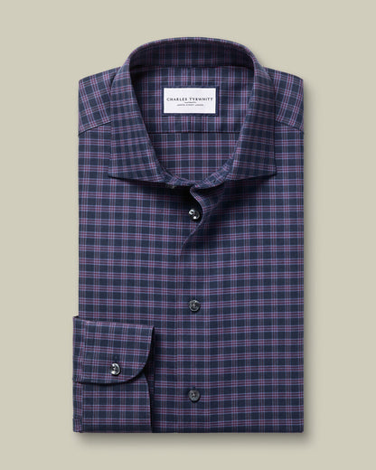 Semi-Cutaway Collar Brushed Cotton Twill Check Slim Fit Shirt - Ink Blue & Red