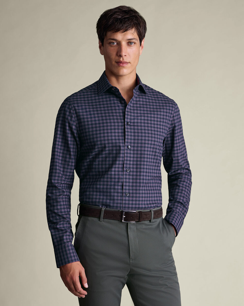 Semi-Cutaway Collar Brushed Cotton Twill Check Slim Fit Shirt - Ink Blue & Red