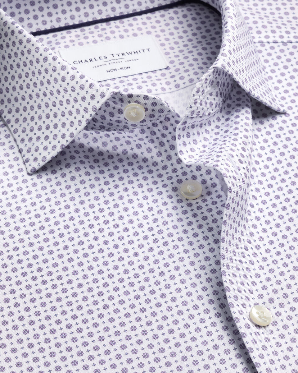 Semi-Cutaway Collar Non-Iron Stretch Print Slim Fit Shirt – White & Lilac
