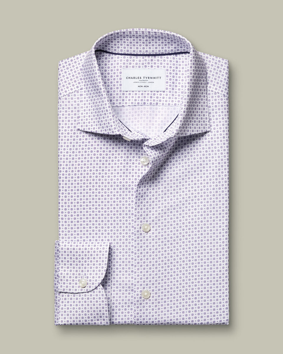 Semi-Cutaway Collar Non-Iron Stretch Print Slim Fit Shirt – White & Lilac