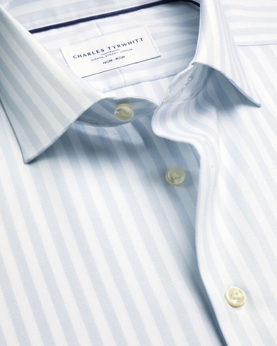 Short Sleeve Non-Iron Cotton Twill Stripe Slim Fit Shirt - Ice Blue & White
