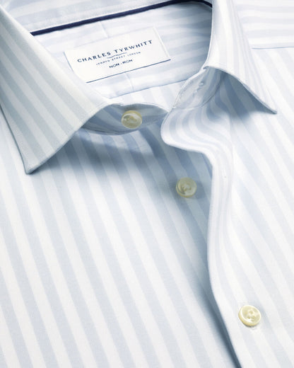Short Sleeve Non-Iron Cotton Twill Stripe Slim Fit Shirt - Ice Blue & White