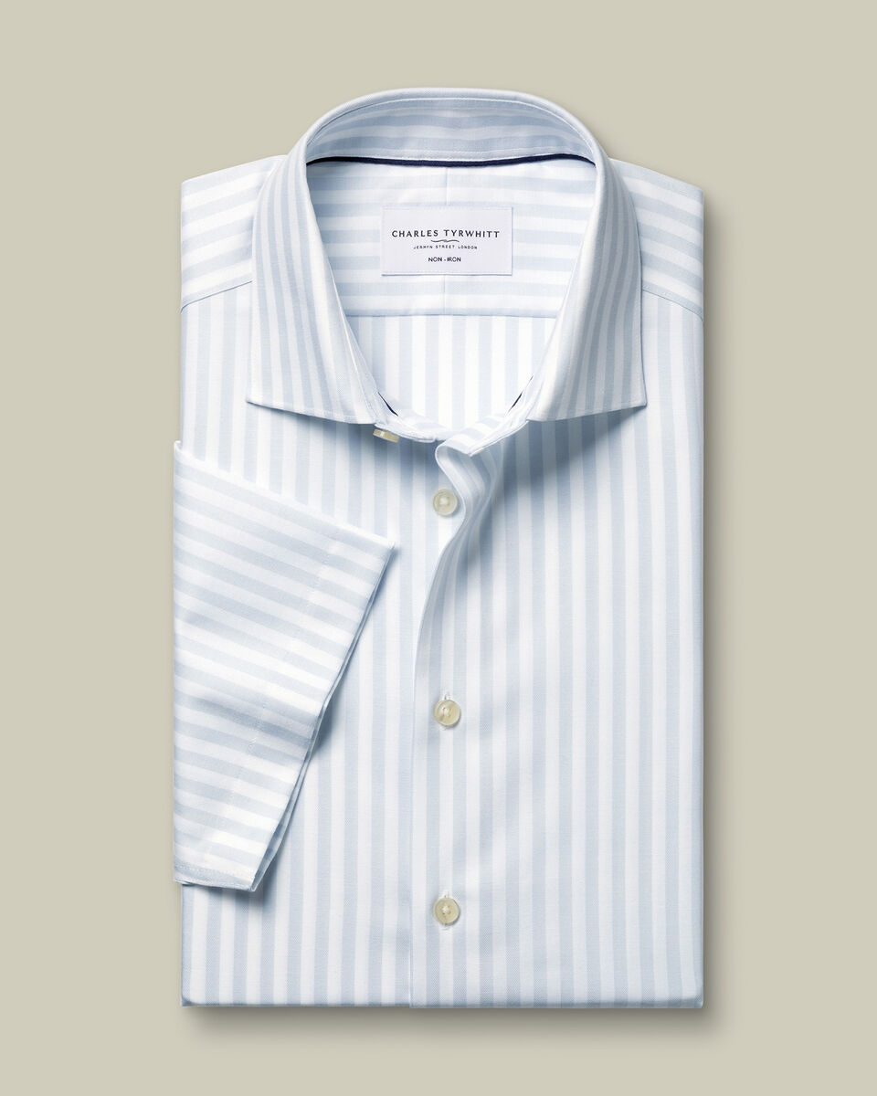 Short Sleeve Non-Iron Cotton Twill Stripe Slim Fit Shirt - Ice Blue & White