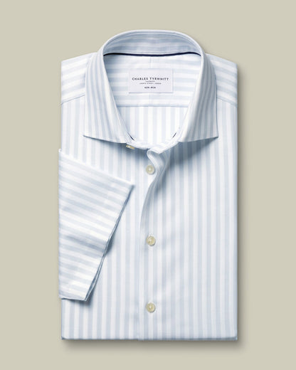Short Sleeve Non-Iron Cotton Twill Stripe Slim Fit Shirt - Ice Blue & White
