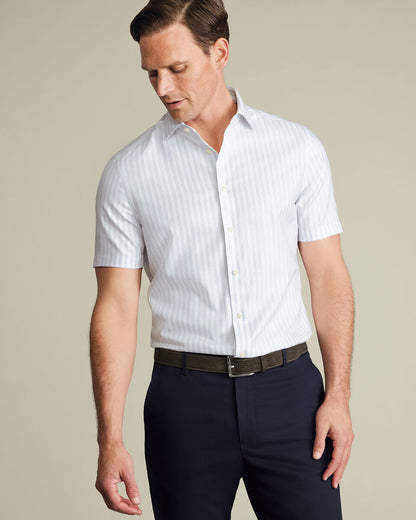 Short Sleeve Non-Iron Cotton Twill Stripe Slim Fit Shirt - Ice Blue & White